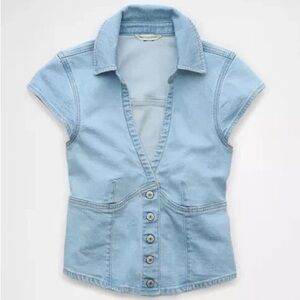 American Eagle Outfitters Pale Blue Short-Sleeve Denim Button-Up Top